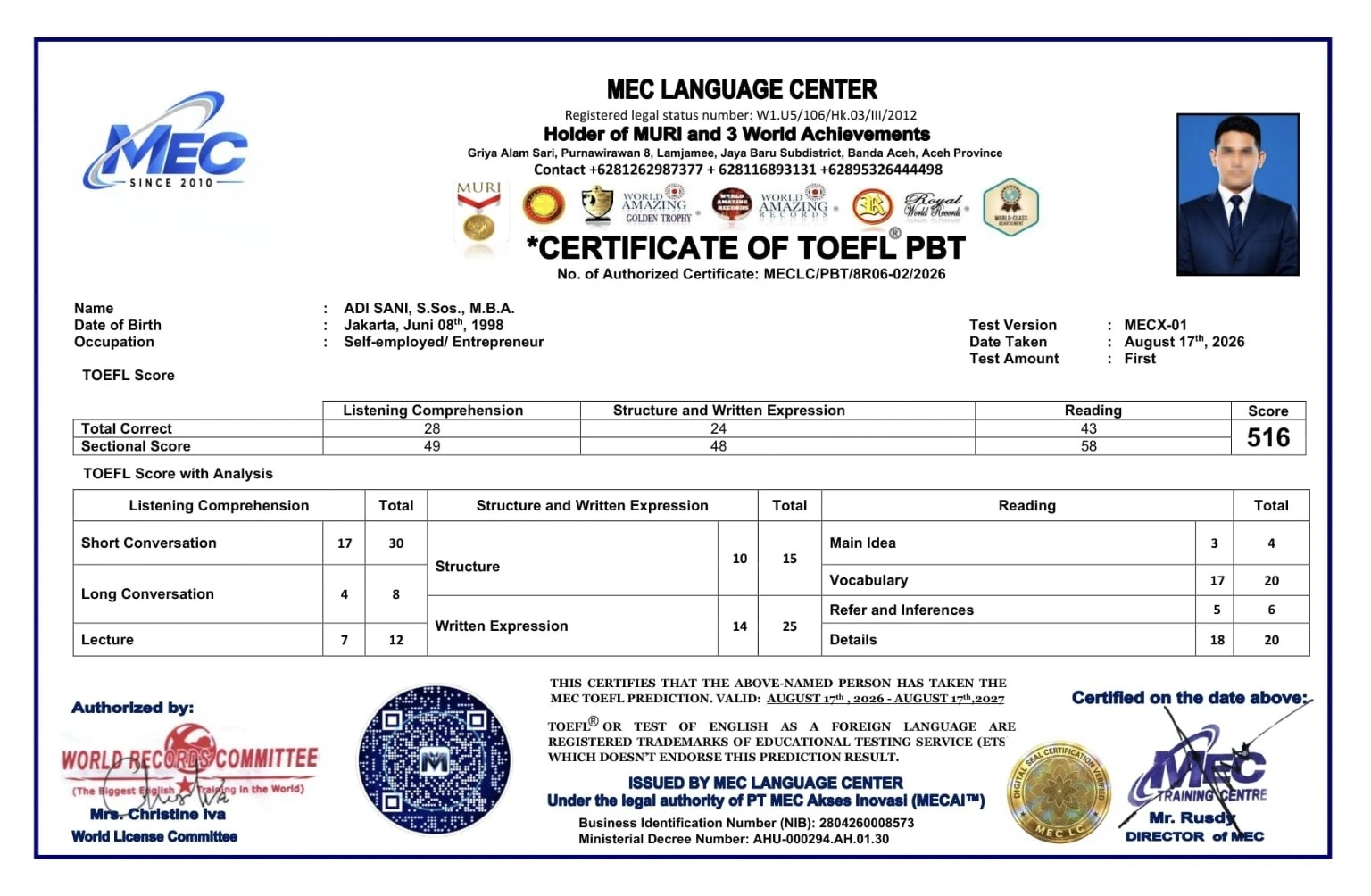 Preview Sertifikat TOEFL PBT